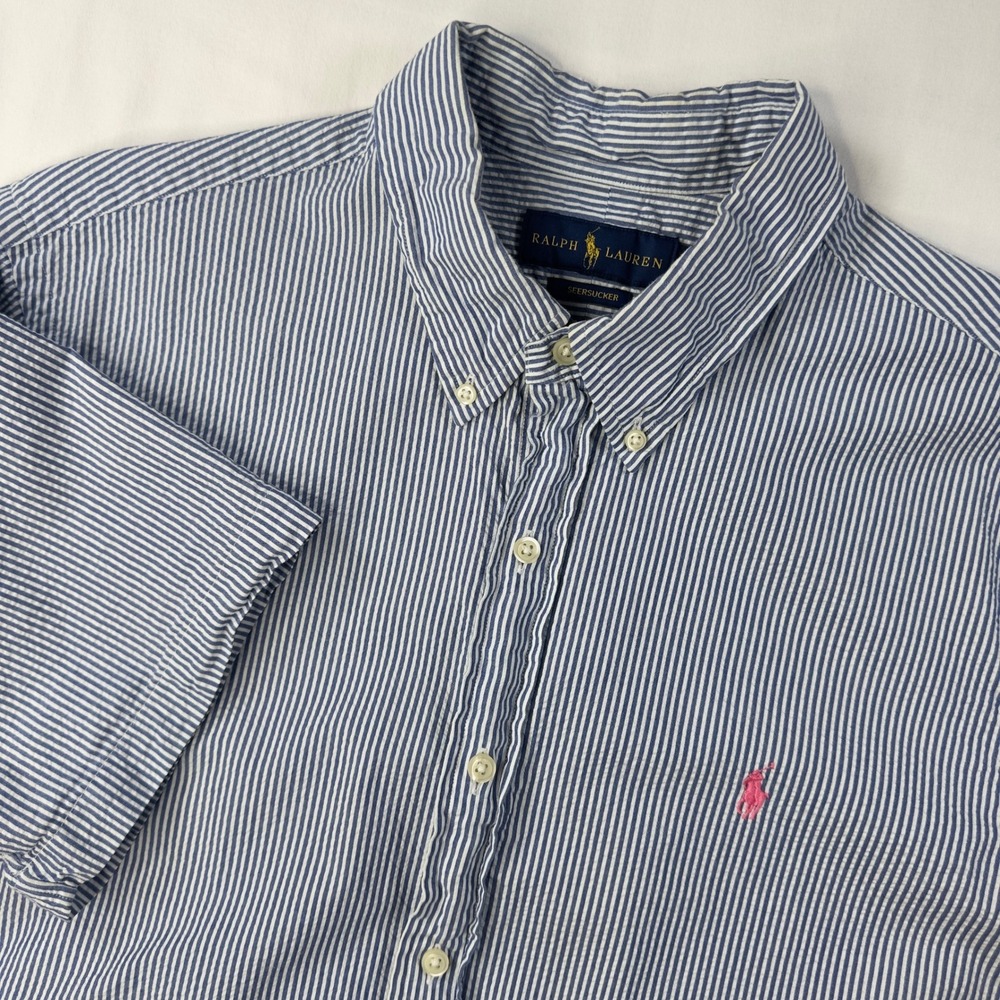 Ralph Lauren Seersucker Shirt Mens XL Button-Down Blue White Striped Pink Pony
